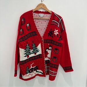 WILLOW BAY Vintage 90s Festive Red Holiday Cardigan Sweater | women’s xl
